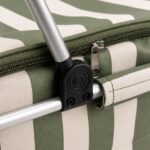 close up of cooler basket zipper aluminum handle black hinge and woven striped fabric texture