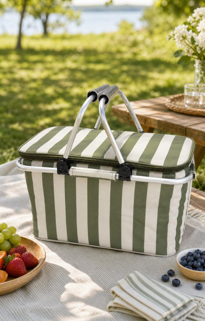 striped insulated picnic cooler basket on outdoor picnic blanket with fruit in a sunny park setting