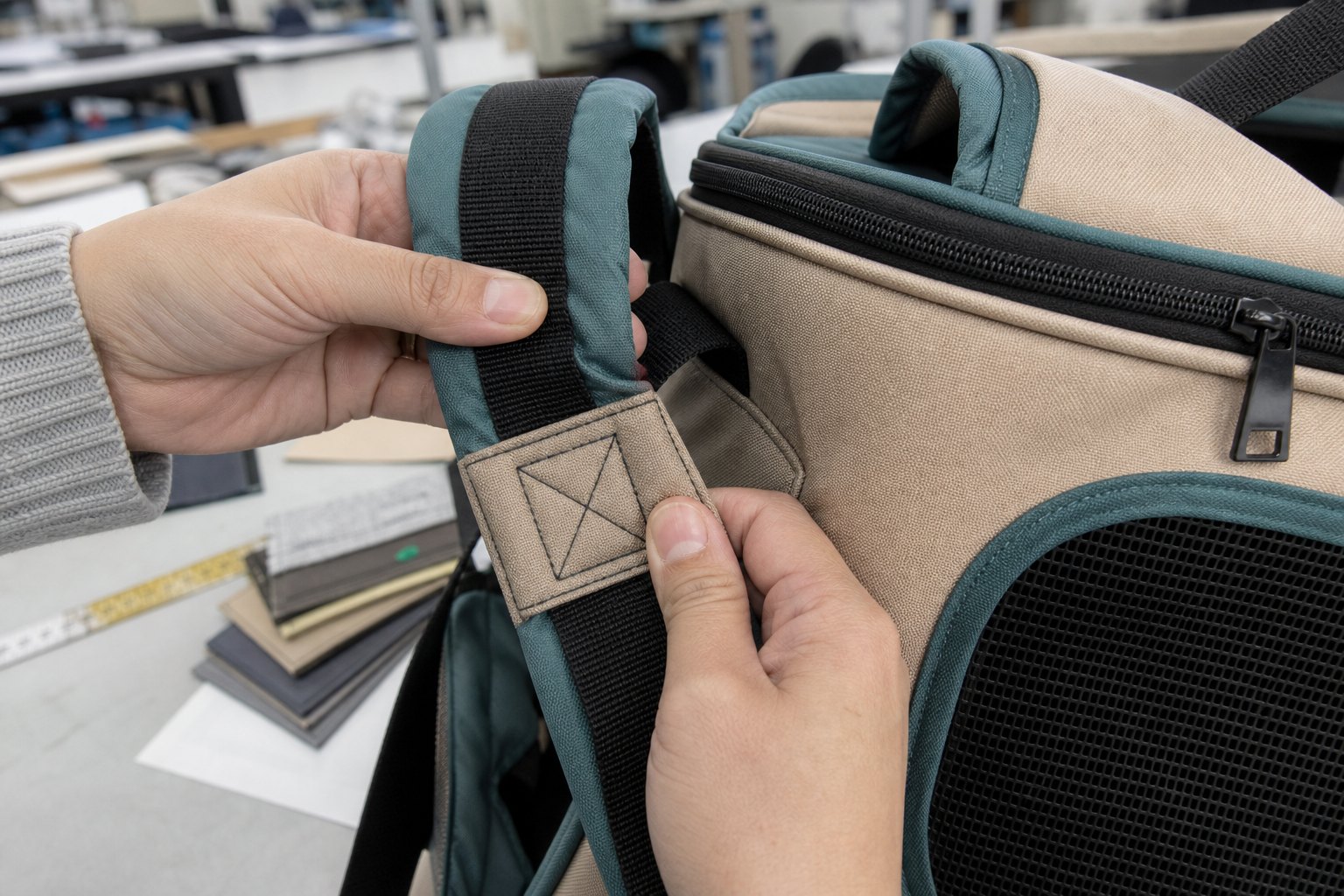 pet backpack shoulder strap stitching stress test