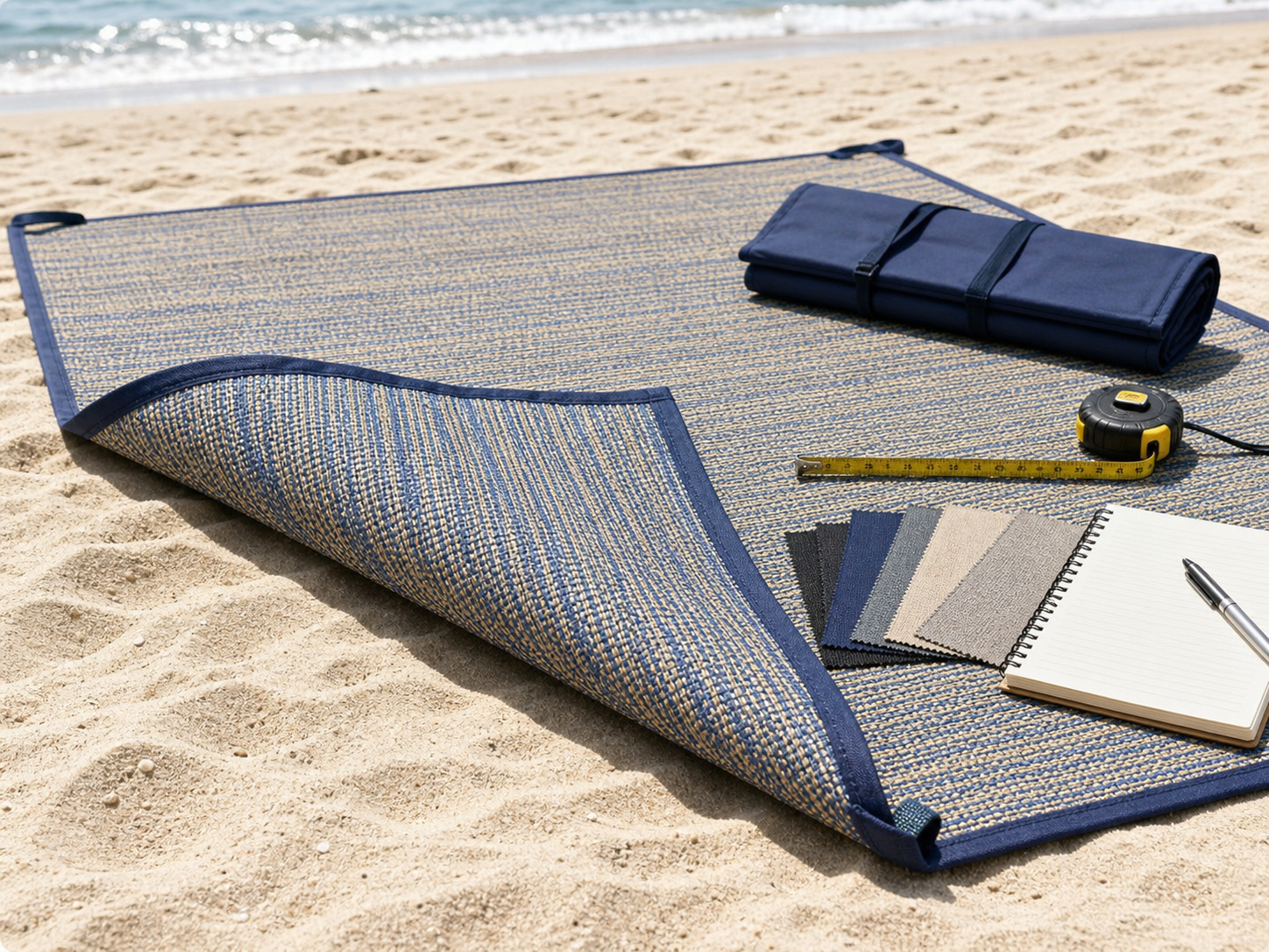 sandproof beach mat sourcing test with woven texture sample swatches and measuring tape
