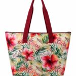 tropical floral zip top beach tote bag with burgundy webbing shoulder handles
