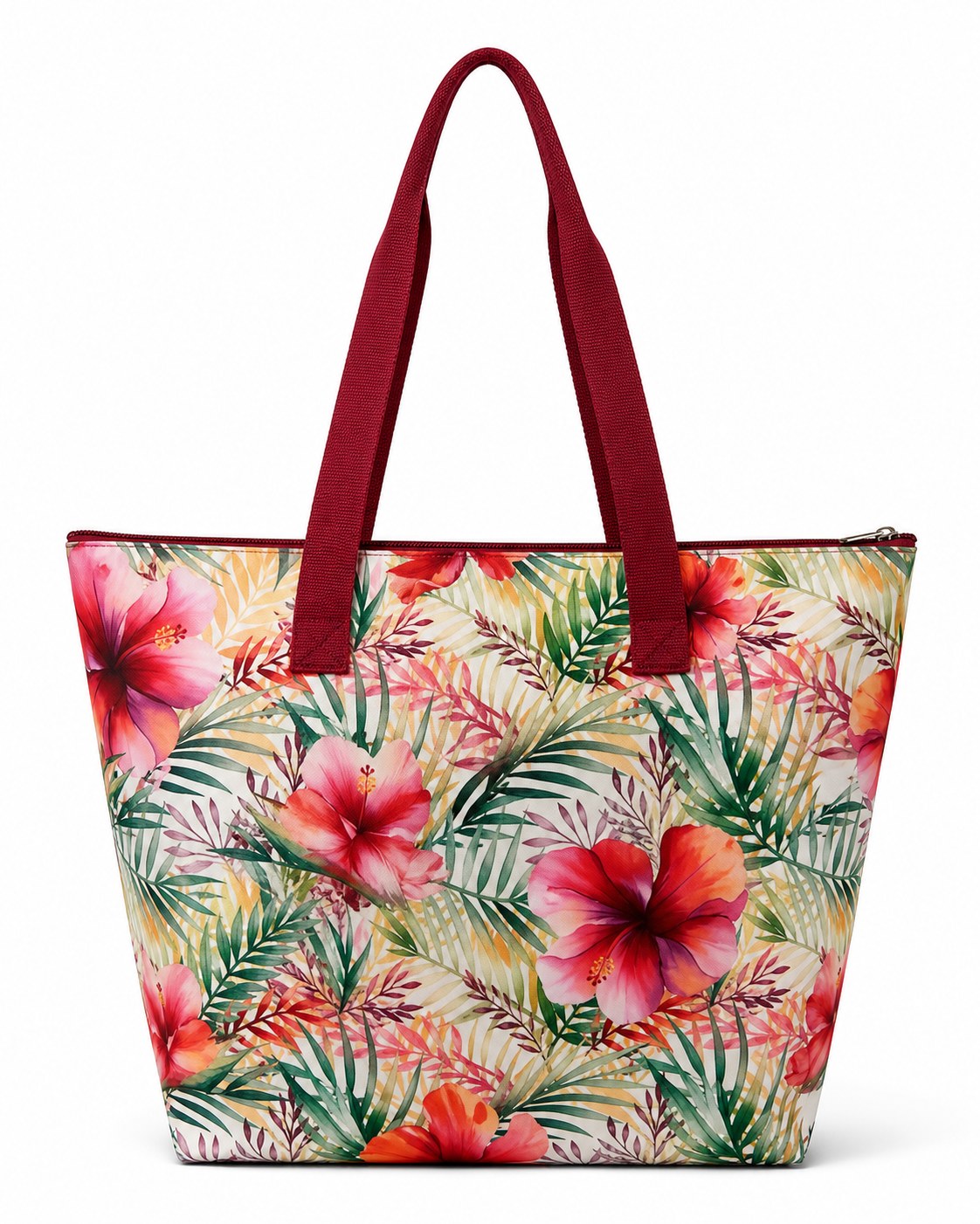 tropical floral zip top beach tote bag with burgundy handles for private label beach bag sampling