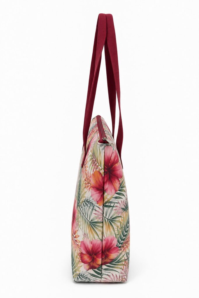 side view of tropical floral beach tote bag showing slim gusset zipper and burgundy handles