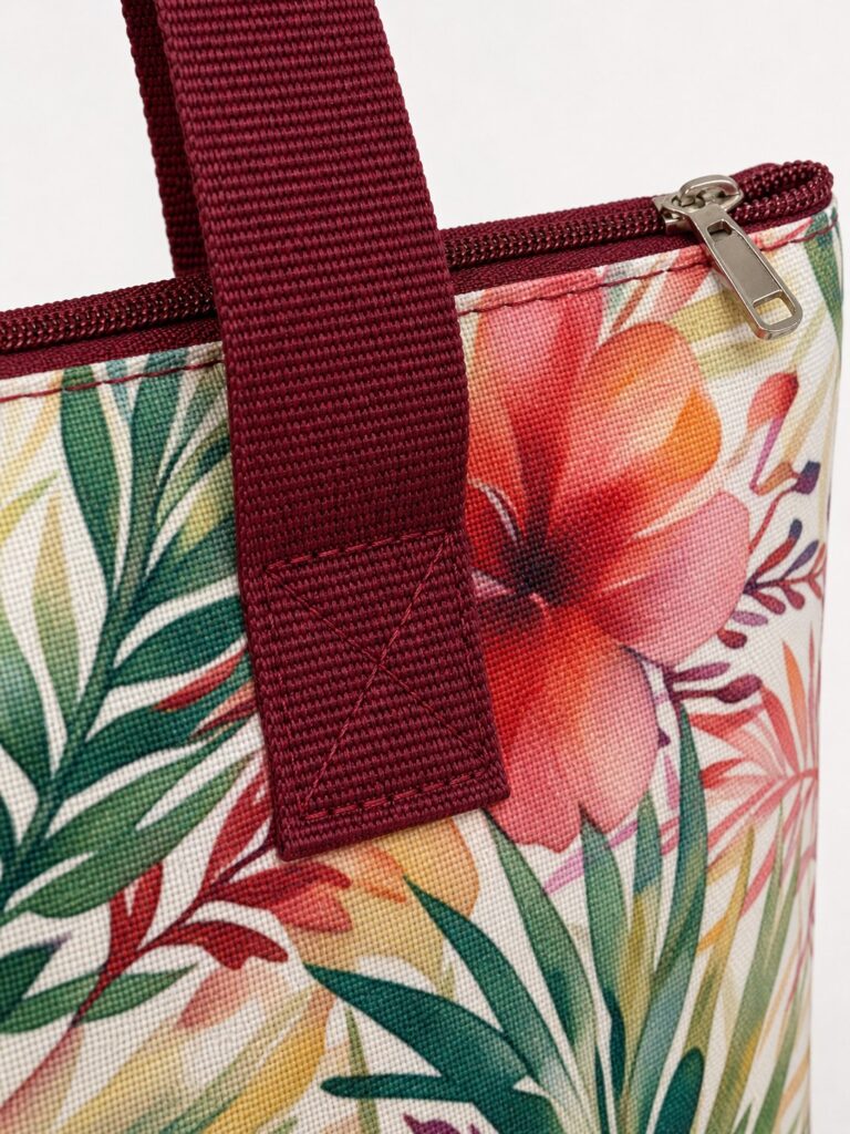 close up of burgundy webbing handle zipper pull stitching and tropical floral printed fabric