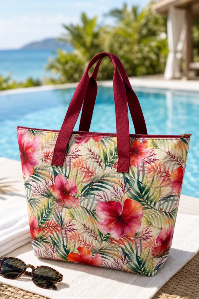 tropical floral beach tote bag with burgundy handles in a sunny poolside resort setting