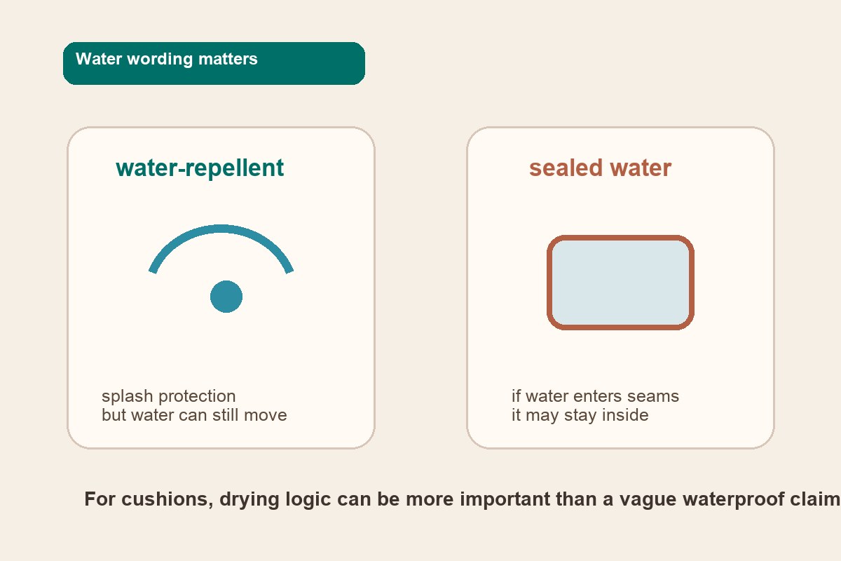 water repellent versus waterproof outdoor cushion mildew risk diagram