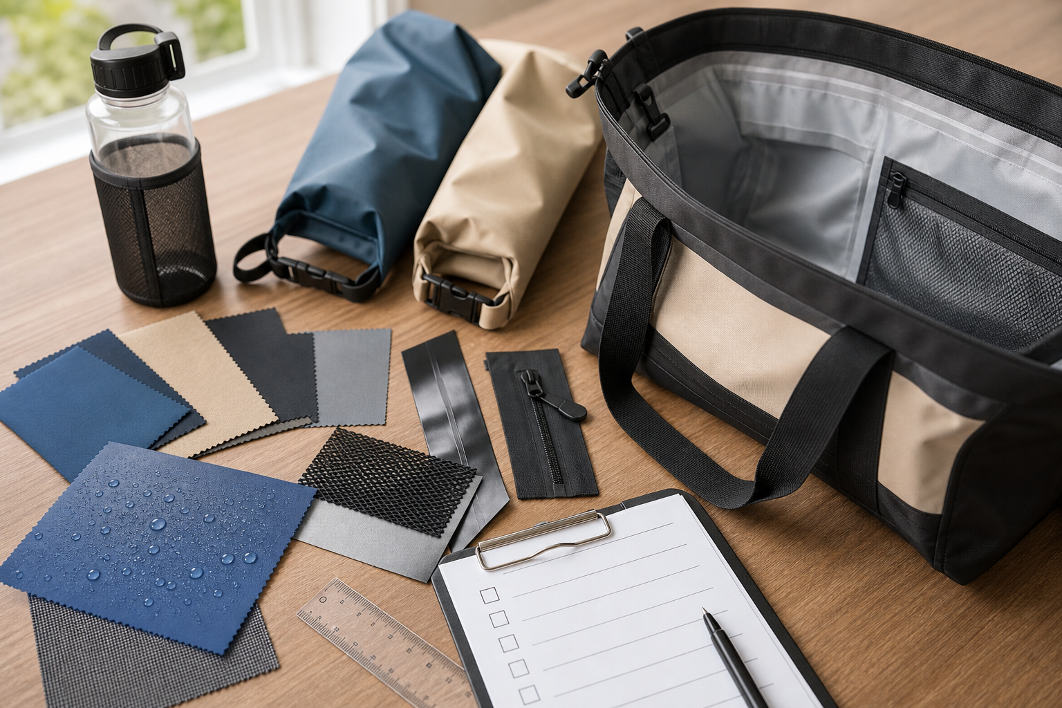 waterproof beach bag material check with coated fabric swatches seam tape zipper and inspection checklist