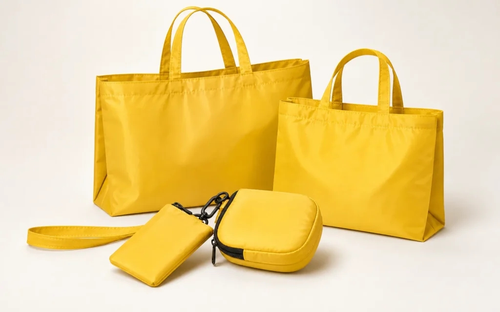 Yellow foldable reusable shopping bag set with two open bags and compact storage pouches