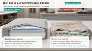 High-end vs low-end orthopedic dog bed cutaway comparison showing layered solid foam and shredded low-density fill