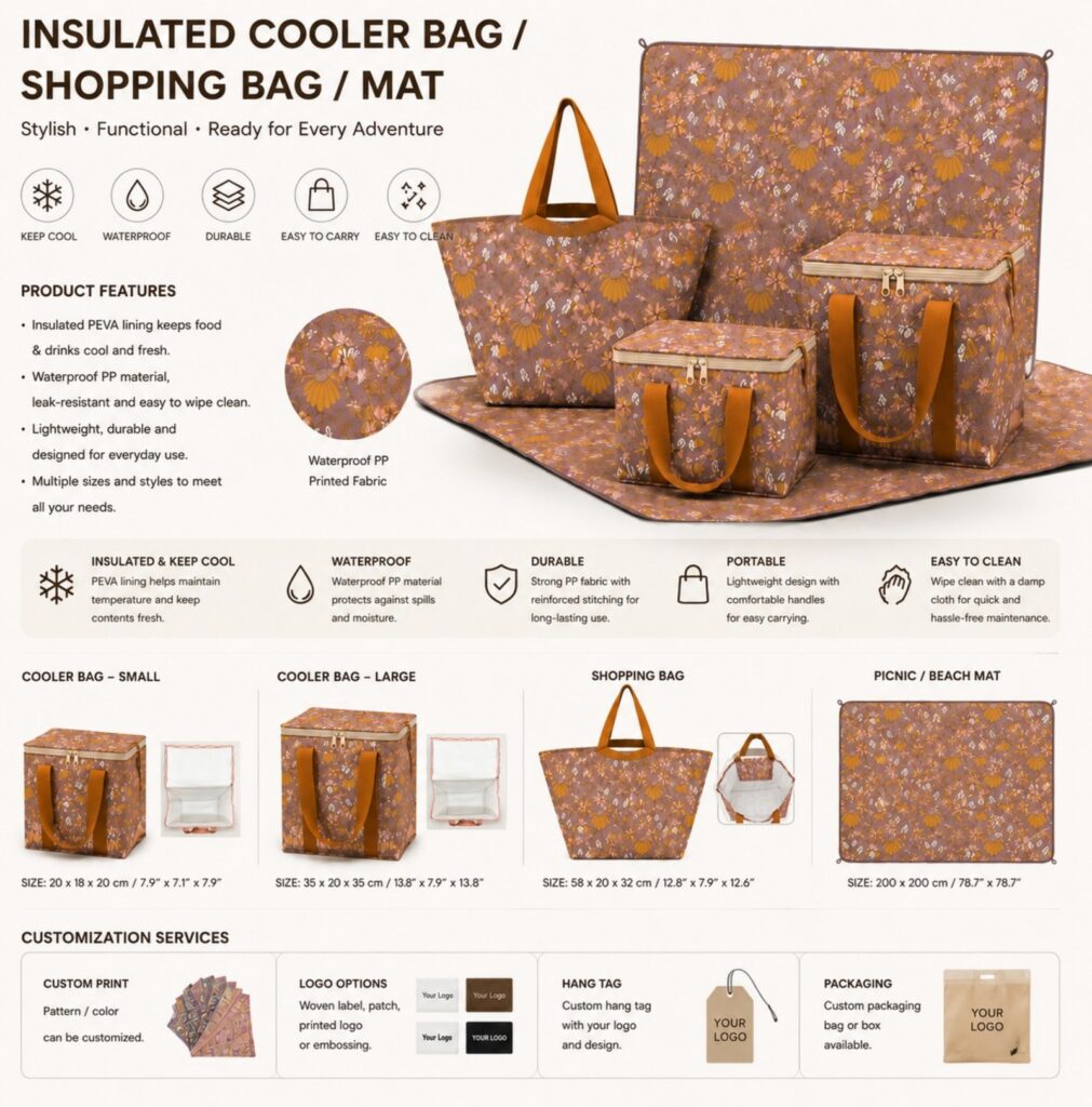 LISO own design catalogue showing cooler bag shopping bag and picnic mat in one matching print
