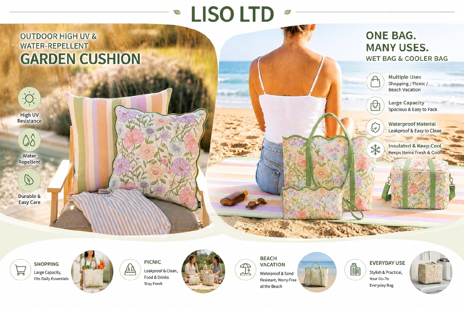LISO own design catalogue showing outdoor cushion wet bag and cooler bag in a matching floral collection