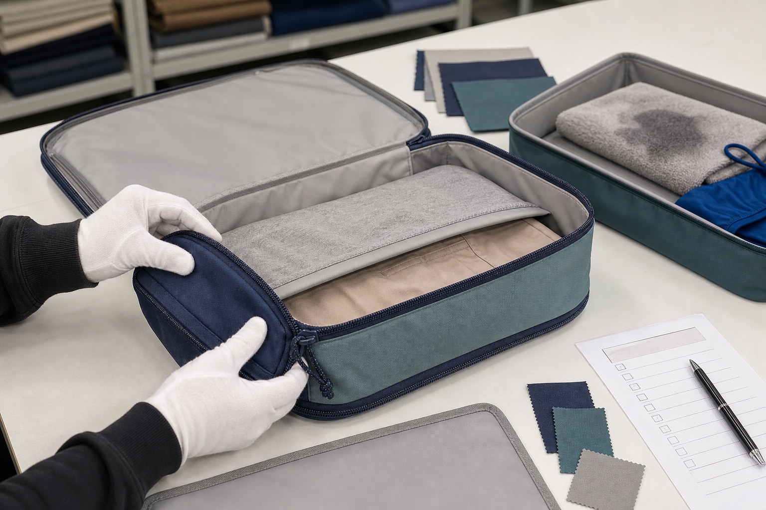 Product developer inspecting a double-sided packing cube divider and zipper-end corner