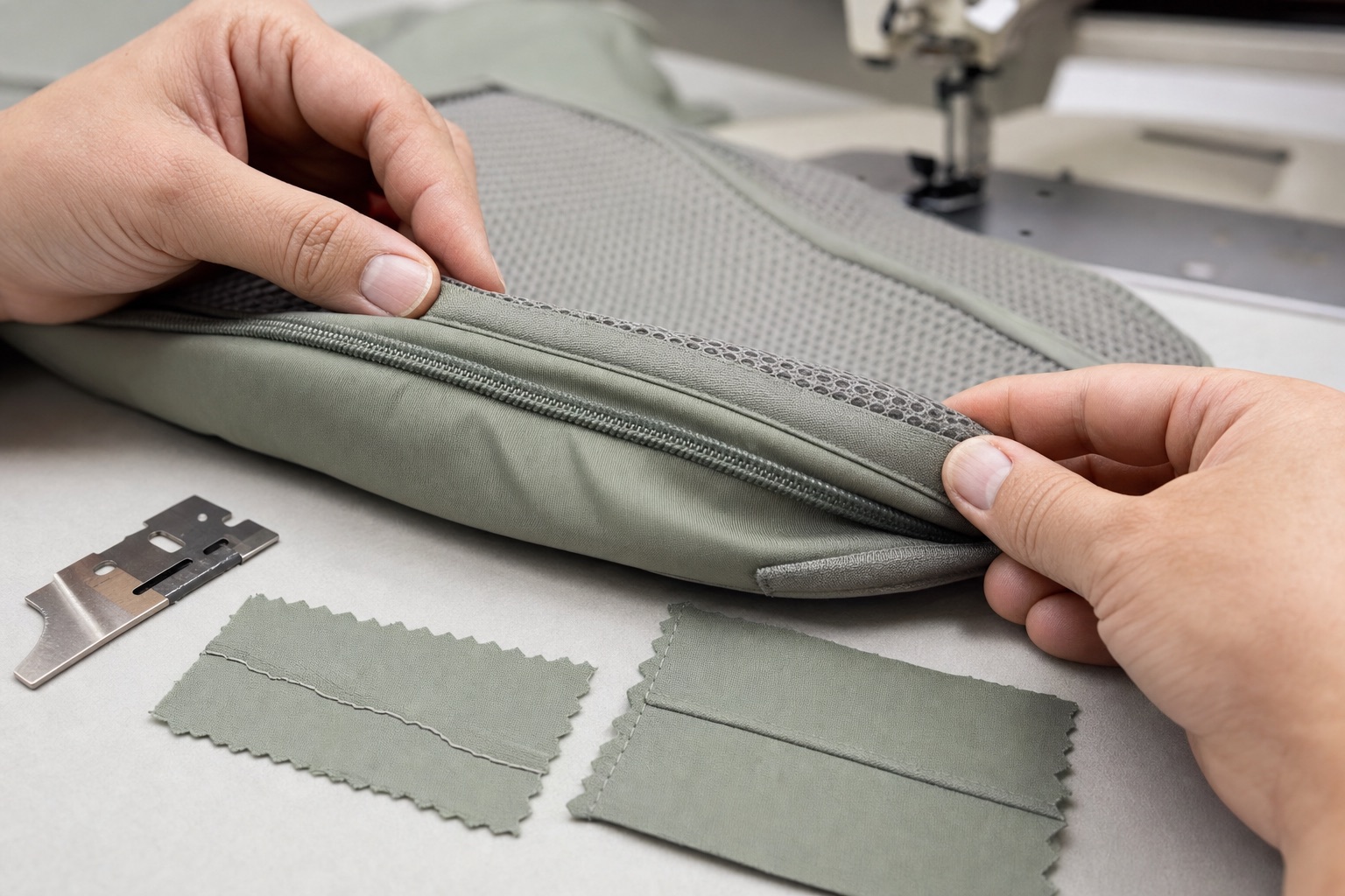 Close view of hands inspecting a packing cube mesh zipper seam and rounded corner
