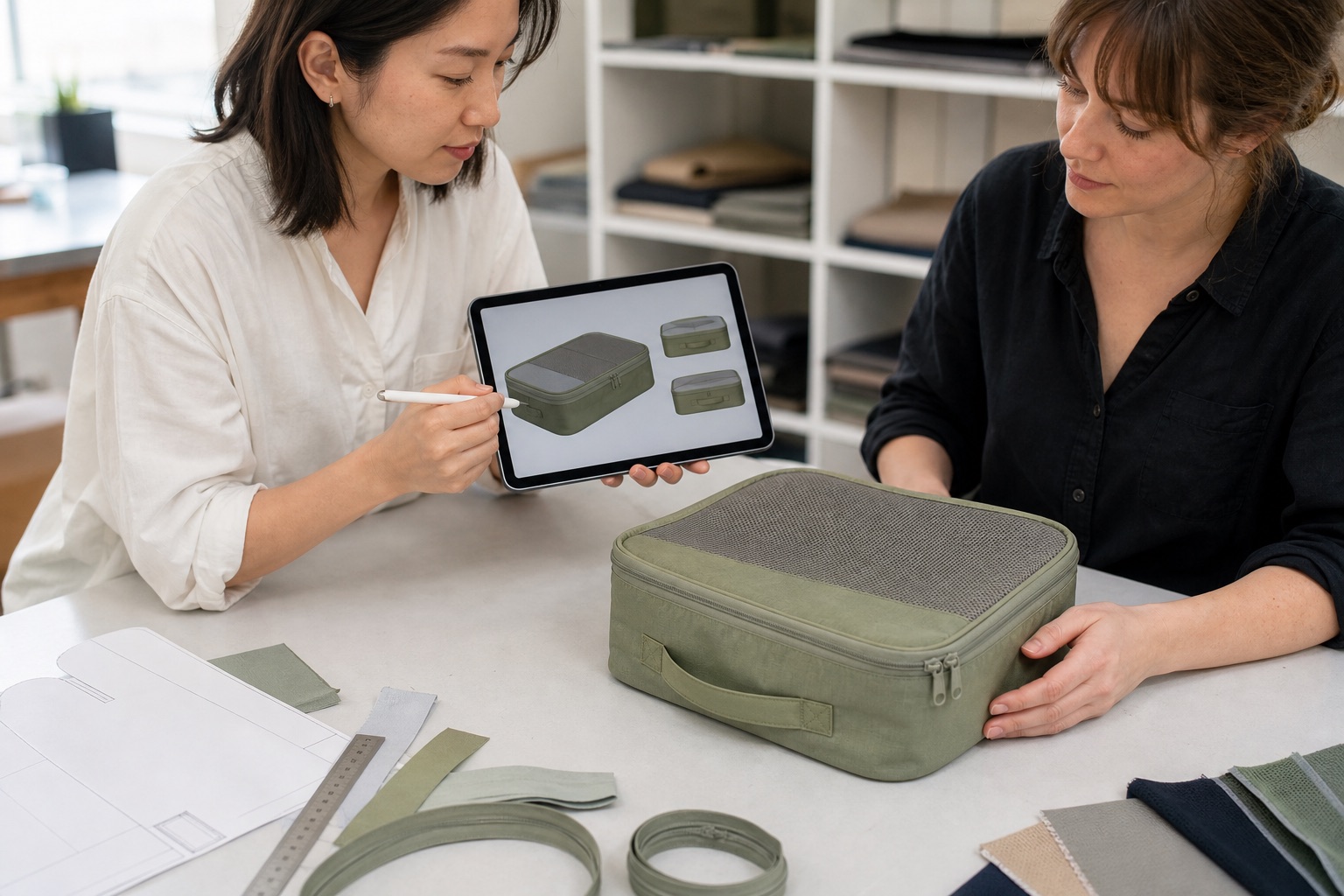 Founder and product developer comparing a packing cube render with a physical sample
