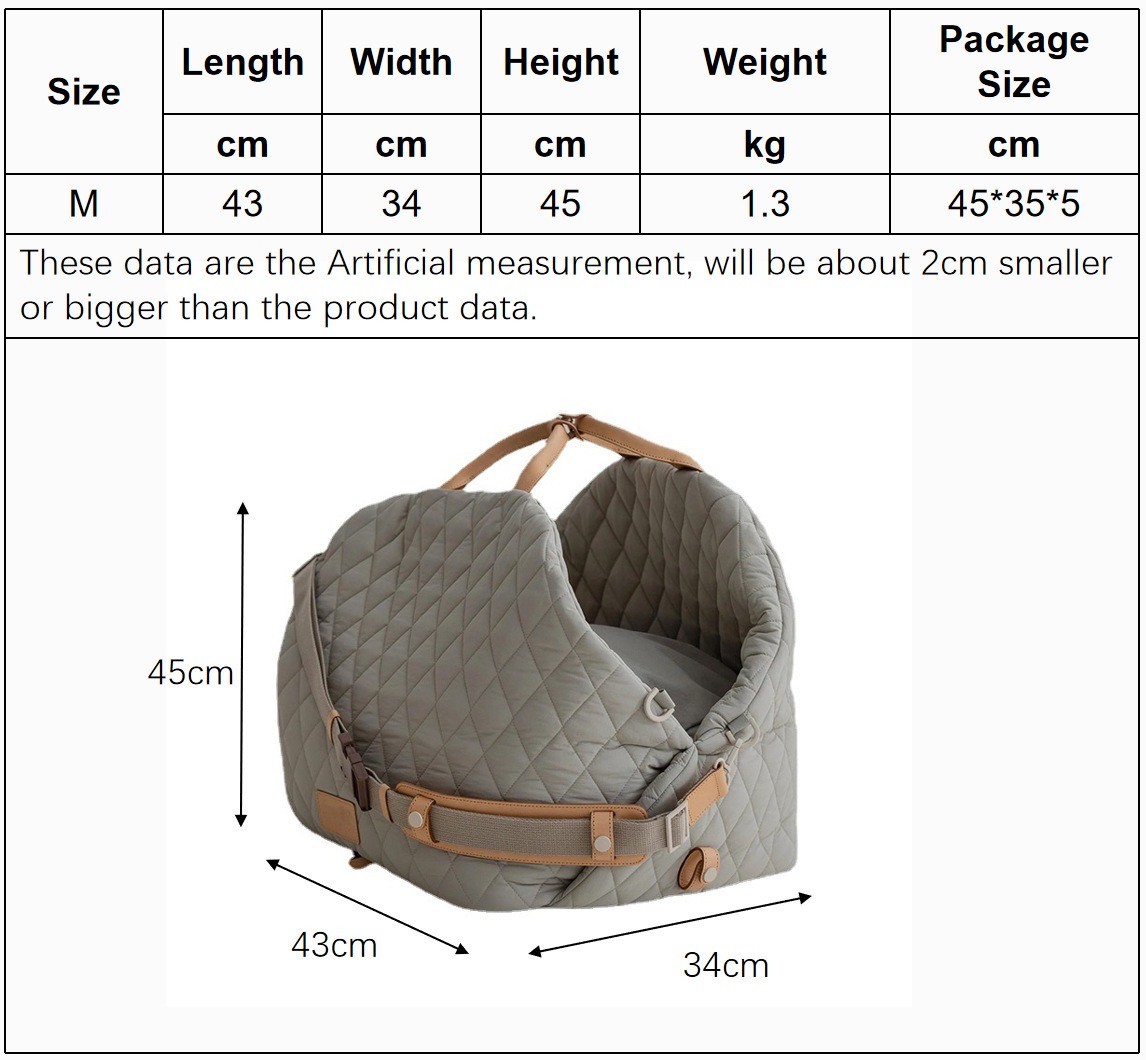 M sample dimensions for quilted pet car seat carrier