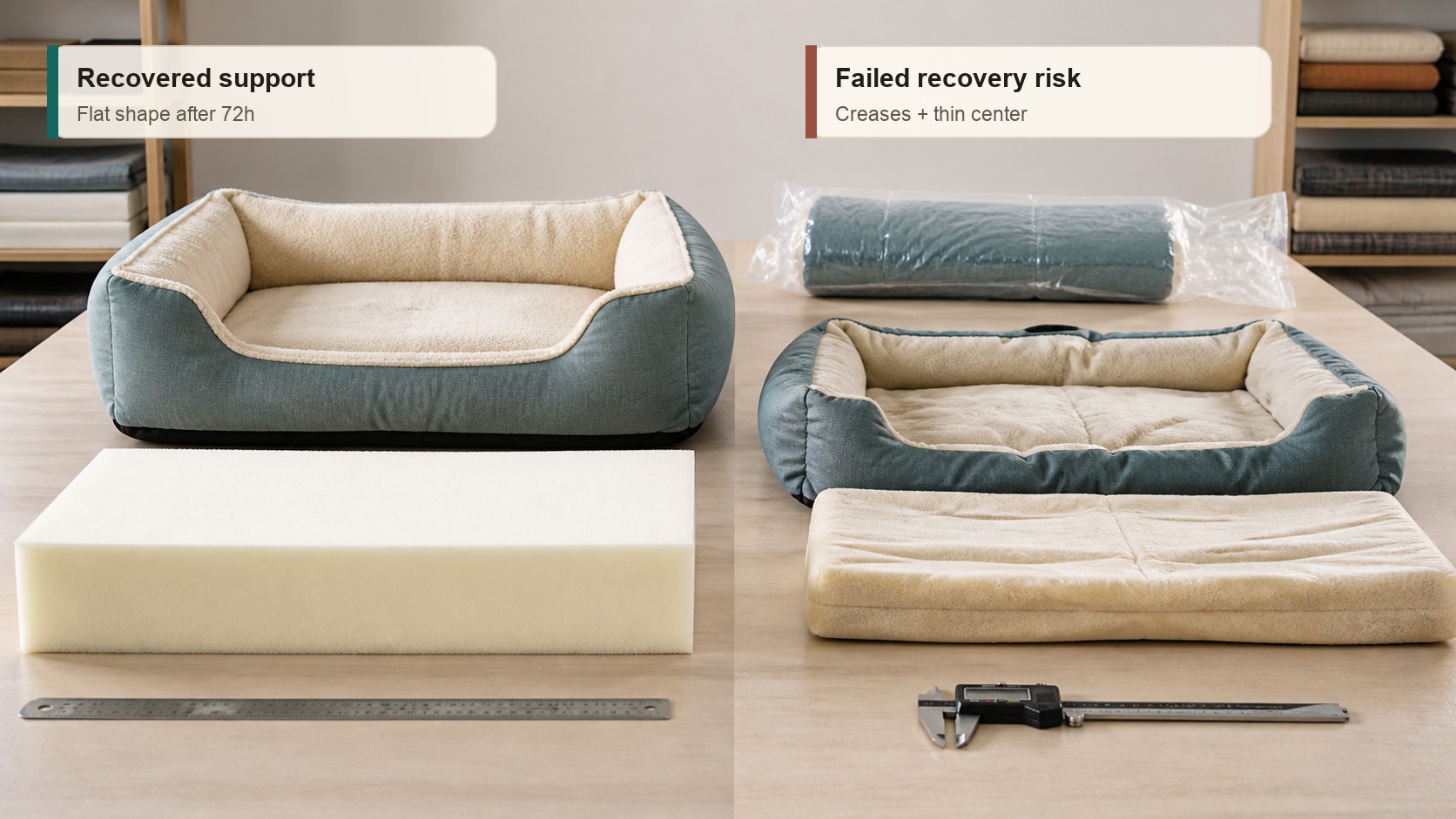 Real Dog Bed Compression Recovery Pass vs Fail Real dog bed compression recovery comparison showing recovered foam versus failed recovery with creases and thin center