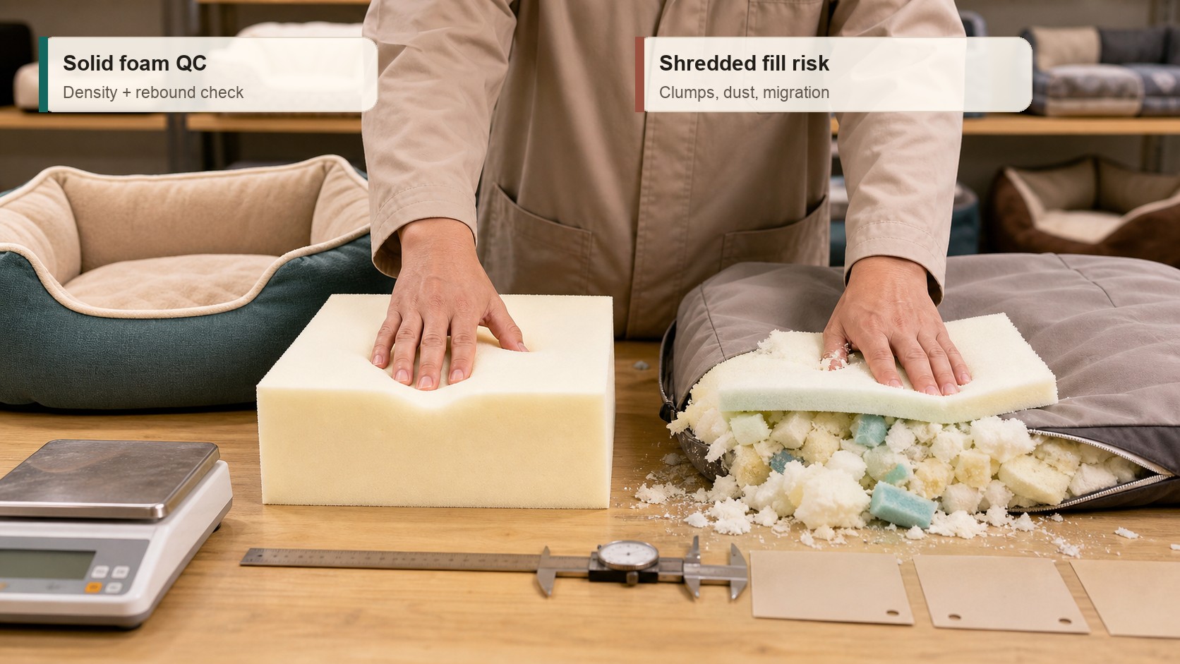 Real Dog Bed Foam QC Solid vs Shredded Inspection Real dog bed foam QC inspection comparing solid high-density foam with shredded fill clumps and dust