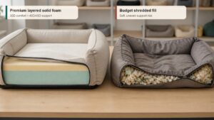 Real orthopedic dog bed comparison showing premium layered solid foam beside low-end shredded fill dog bed
