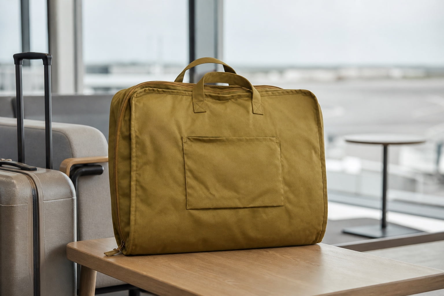 Mustard travel bag on an airport lounge table beside a suitcase
