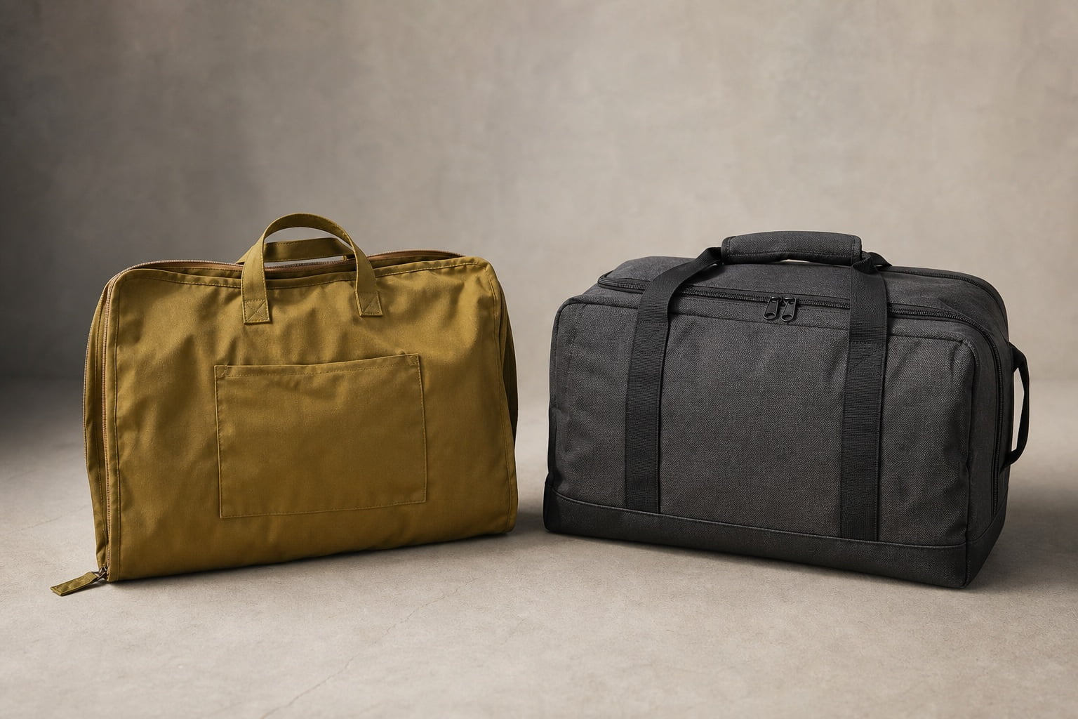 Flexible mustard travel bag beside a structured charcoal equipment duffel