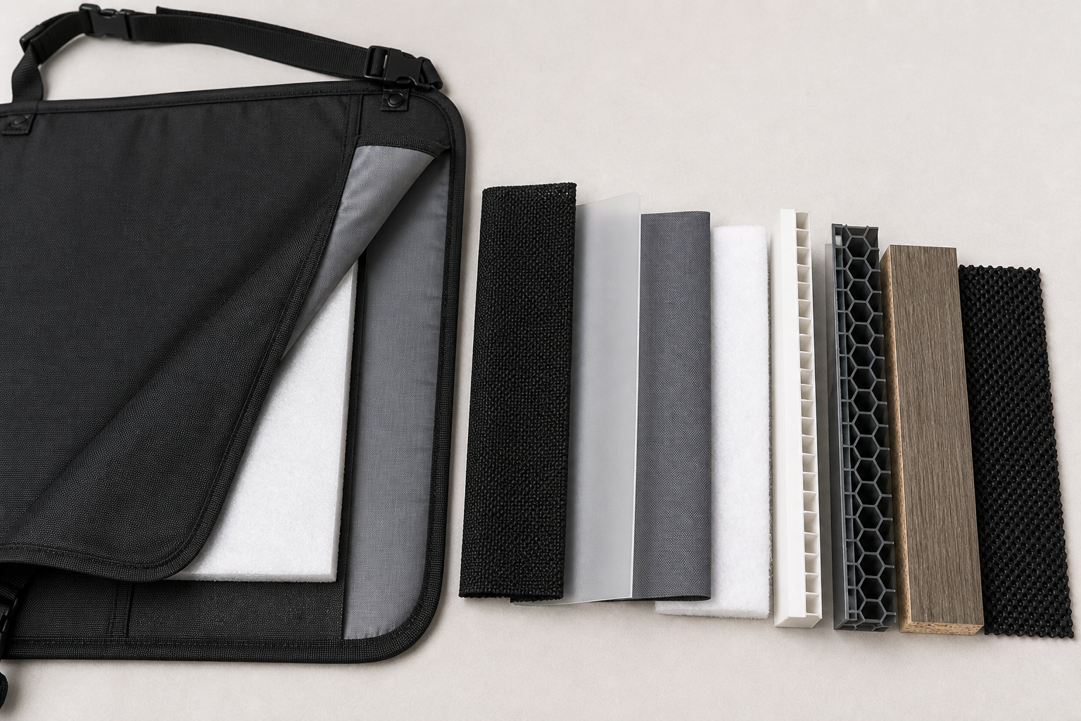 Material-layer comparison for a hard-bottom dog car backseat extender Physical material samples for a dog car backseat extender, including fabric, lining, padding, PP board cores and anti-slip base