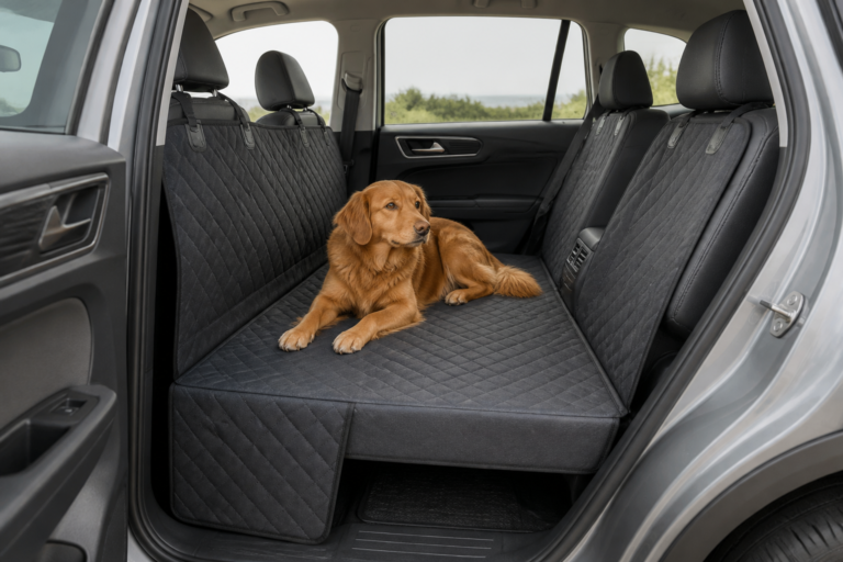 Hard-bottom dog car backseat extender installed across an SUV rear footwell