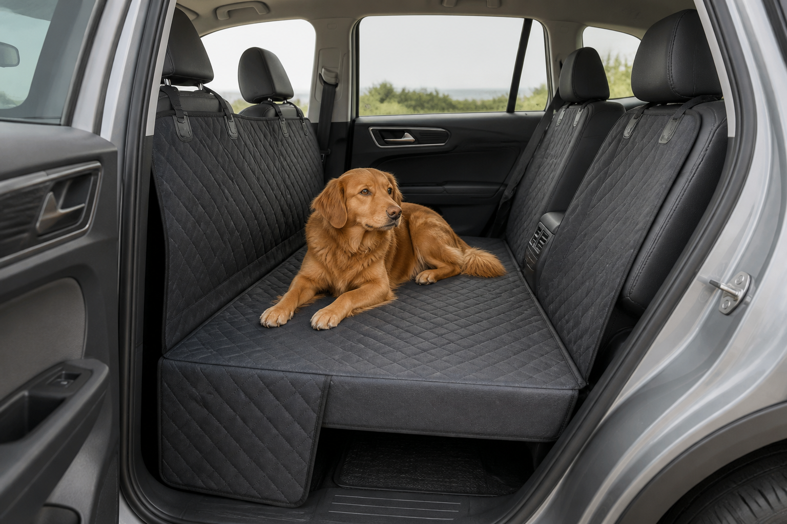 Hard-bottom dog car backseat extender installed in an SUV Hard-bottom dog car backseat extender installed across an SUV rear footwell